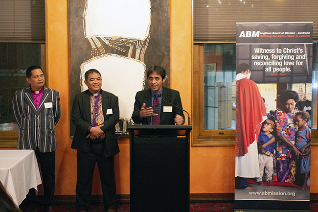 Visitors from the ECP, Bishop Nestor Poltic, Bishop Brent Alawas and Floyd Lalwet at the ABM Dinner in Sydney.