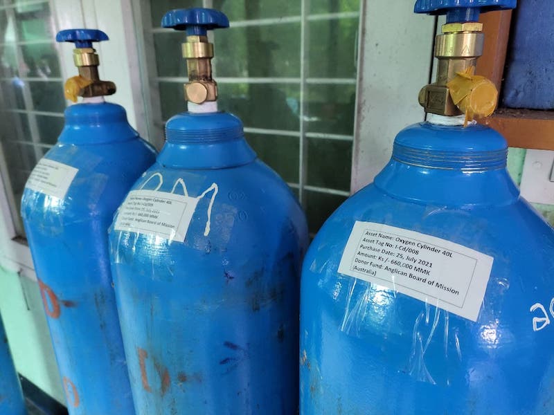Three of the oxygen cylinders purchased with initial funds from AID’s Myanmar Emergeny Appeal. © Church of the Province of Myanmar. Used with permission.