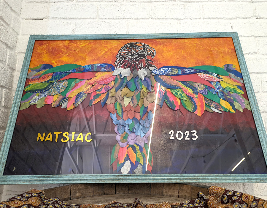 Photo of artwork painted by Belinda Roberts specifically for the NATSIAC Gathering 2023. © Belinda Roberts. Used with permission.