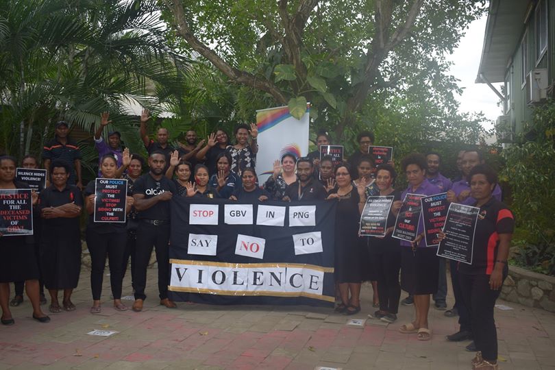 Anglicare PNG staff ready to begin their Port Moresby protest against violence against women and girls ©Anglicare PNG Inc