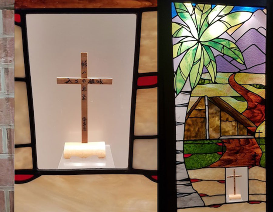 Martyrs Window at St Cuthbert’s Prospect, South Australia. The window incorporates the cross, a gift of the Anglican Church of Japan, which was presented by the late Canon Frank Coaldrake in memory of their former parishioner, Lilla Lashmar, one of the New Guinea Martyrs ©Angela McKay