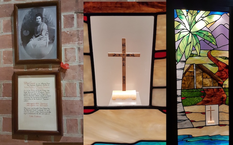 Martyrs Window at St Cuthbert’s Prospect, South Australia. The window incorporates the cross, a gift of the Anglican Church of Japan, which was presented by the late Canon Frank Coaldrake in memory of their former parishioner, Lilla Lashmar, one of the New Guinea Martyrs ©Angela McKay