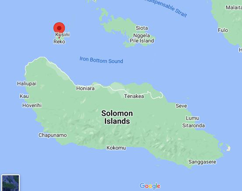 The island of Guadalcanal, where the Solomon Islands capital of Honiara is located, with Savo Island to the north (indicated by the red arrow). @GoogleMaps