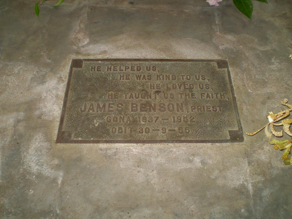 Father James’ plaque under the altar of Holy Cross church, Gona. © Benson family. Used with permission.