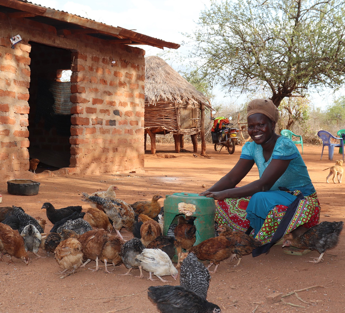 Mercy with her chickens obtained through a successful proposal to a Kenyan government grant after training in resource mobilisation by AID’s partner, ADSE. © ADSE. Used with permission.