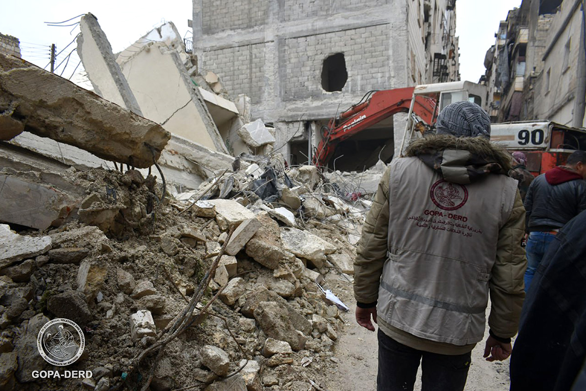 GOPA-DERD staff looking at the damage from the 7.8 magnitude earthquake that hit Syria and Türkiye on Feb 6 2023. GOPA-DERD are ACT Alliance members providing food, blankets and medical supplies to impacted households. © GOPA-DERD