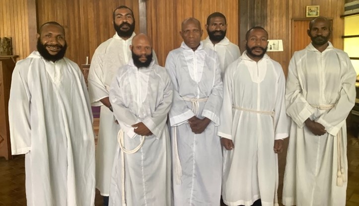 First Year students at Newton College this year. L to R: Paul Kasvier, John Gai, Atta Boga, Rynold Goviro, Moses Baiduduga, Robert Moreva and Daniel Baiwa. © Newton Theological College. Used with permission.