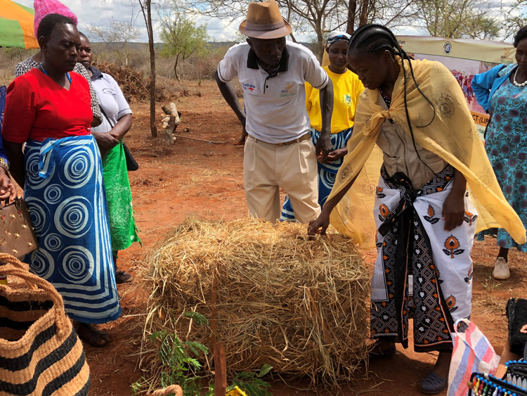The Kyumbuke organisation demonstrates hay baling at their new demonstration plot. ADSE Project Officer Eunice is on the right ©AID