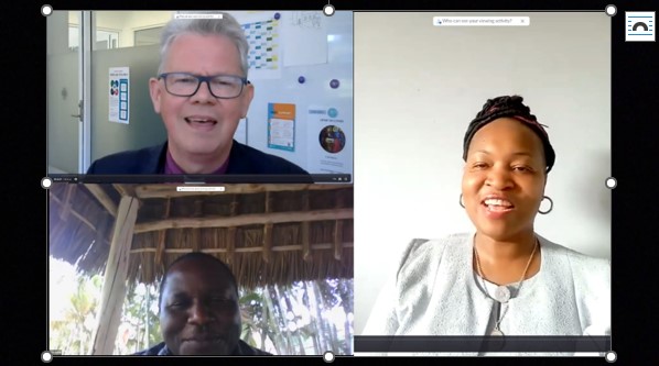 A screenshot from the Zoom launch of AID’s 2023 Tax Appeal. Clockwise from top left: Bishop Ian Coutts, John Mutua and Ellen M C Mubanga. © AID.