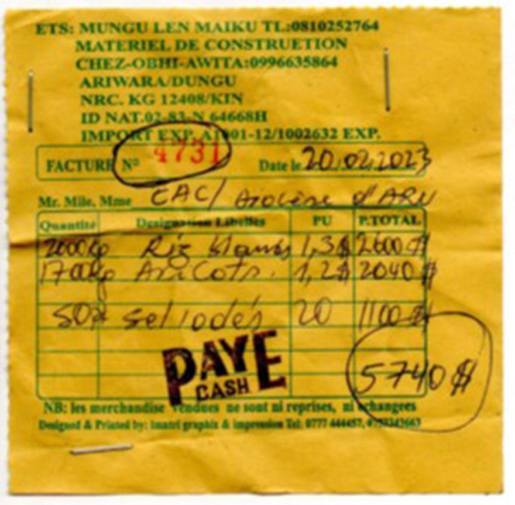 A receipt for food relief supplies. © Anglican Province of Congo. Used with permission.