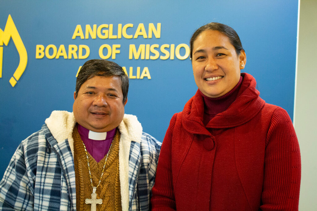 The Bishop of Mandalay, the Rt Rev David Nyi Nyi Naing and Mary on an earlier visit to the ABM office. © ABM.