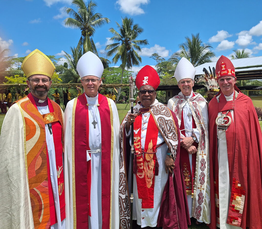 Bishops at the Martyrs Day commemoration at Martyrs School. L-R: (L-R): the Rt Rev’d Andrew Hedge the Most Rev’d Geoff Smith, , the Rt Rev Lindsley Ihove, the Rt Rev’d Peter Ramsden, and the Rt Rev’d Jonathan Meyrick. © Paul Devenport, ABM.