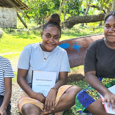 ACOM’s Freda Fataka (left) coordinates a network of 16 environmental observatories around the Solomon Islands, including one at Paibeta Community High School on Savo Island. “Data is important for evidence purposes to the government,” she says. “It helps us see with the naked eye all the changes that are happening.” © ABM/ Isabel Robinson.