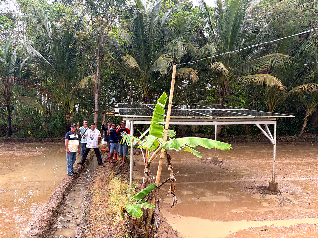 Rice farmer Joey with other local rice farmers showing the solar panels situated in the rice paddy. These reduce their reliance on diesel.