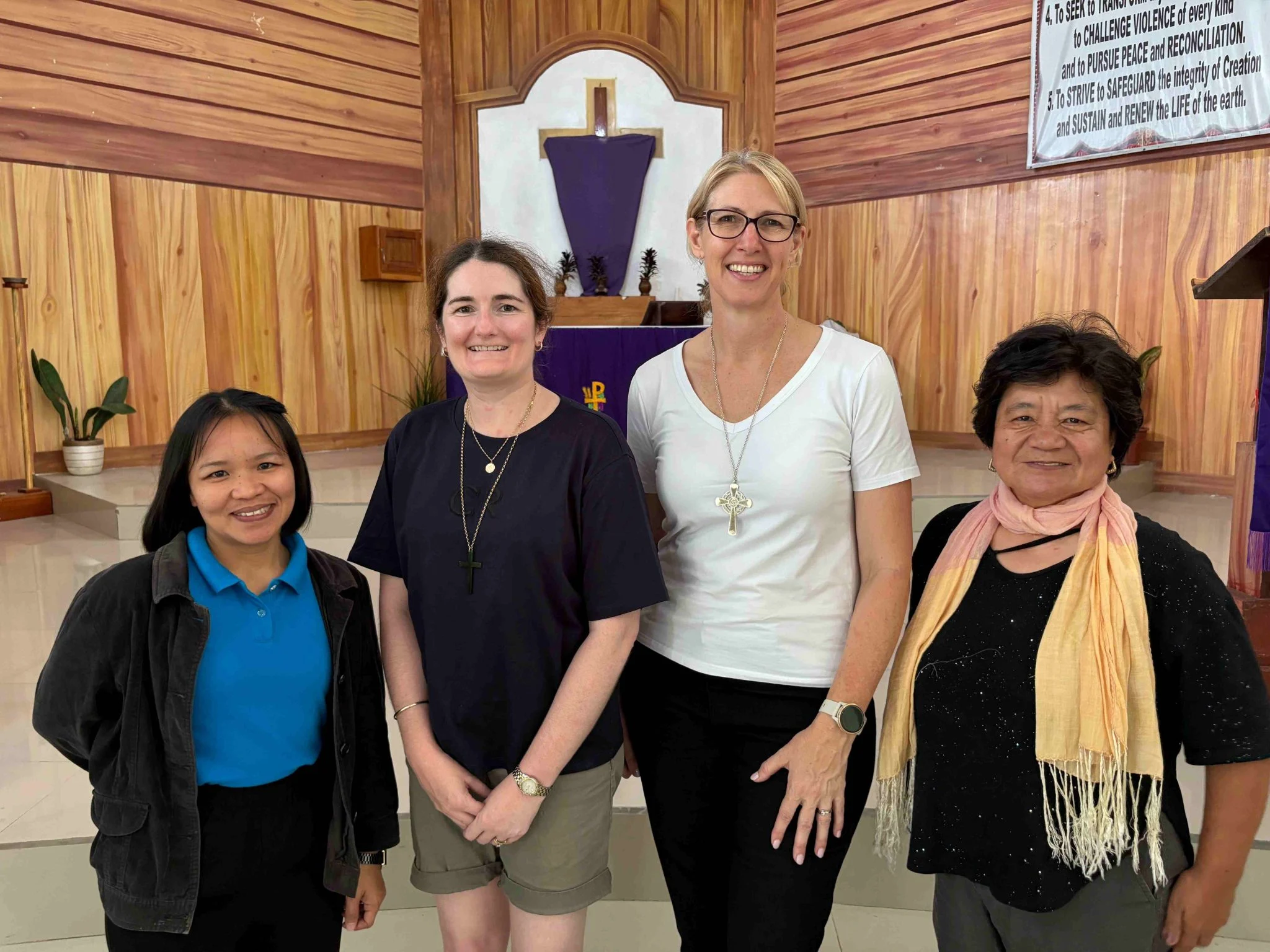 A gathering of Chaplains: Chaplain Karen, Rev’d Juliana, Bishop Sarah and Rev’d Elizabeth shared fellowship and support at St Paul’s High School at Balbalasang. Rev’d Elizabeth is the parish priest of the local area (although ostensibly “retired”!) and Chaplain Karen is the new chaplain of the school © Anglican Focus.