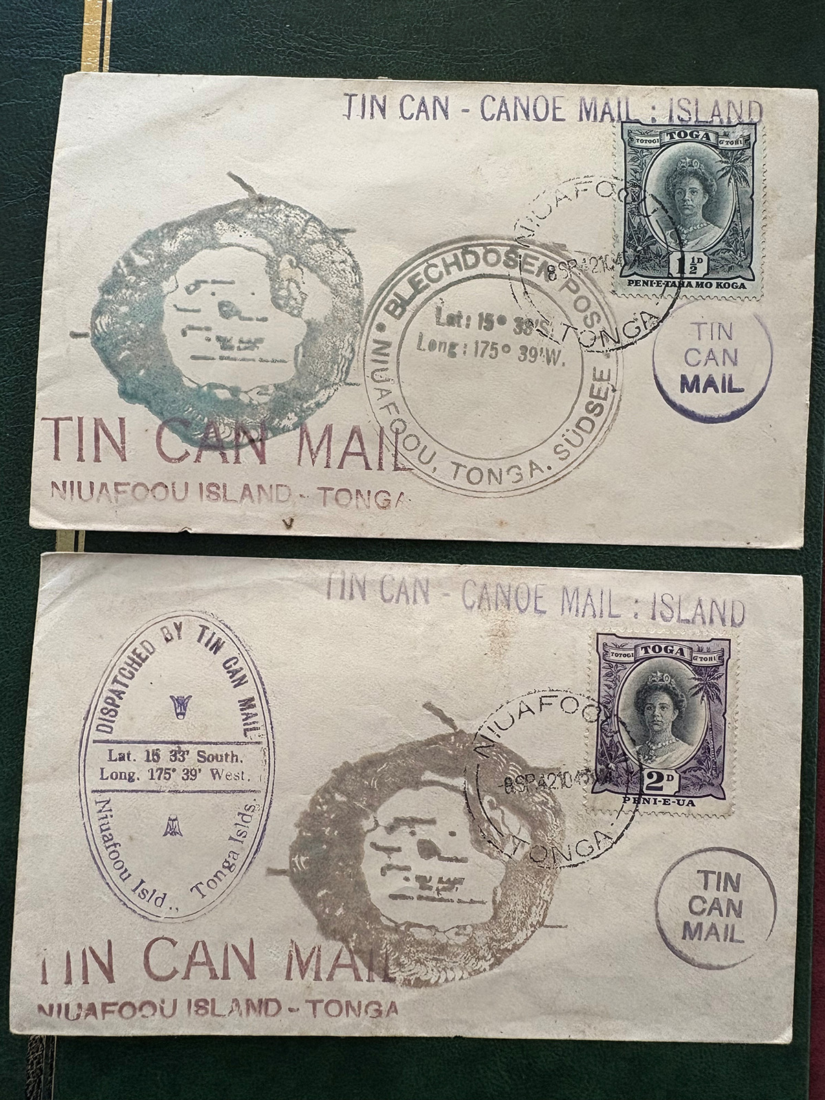 These stamps and postmarks from John May’s collection are from the Tongan Tin Can Mail, when mail was delivered from ships to waiting canoes in tin cans.