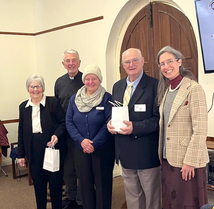 Meagan Schwarz ABM (far R) and the Rev’d Warwick Cuthbertson, Chair of ABM Tasmania Committee (2nd form the left) with Coaldrake Awards recipients, Ann and Tim Swifte (2nd and 3rd from the R). Jenny Archer (far L) accepted the award for her late mother, Barbara Briggs.. © ABM/Meagan Schwarz.