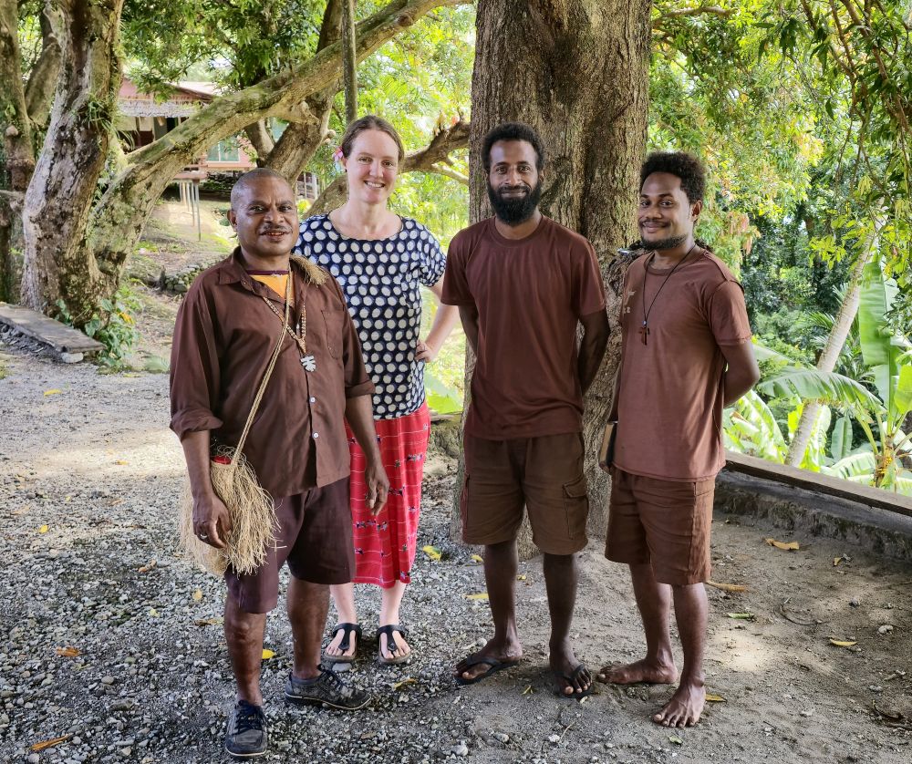 Society of St Francis in Hautambu, Solomon Islands. L to R: Brother Worrick, Isabel Robinson AID, Brother Richard and Brother Junior. © ABM AID/Kate Winney