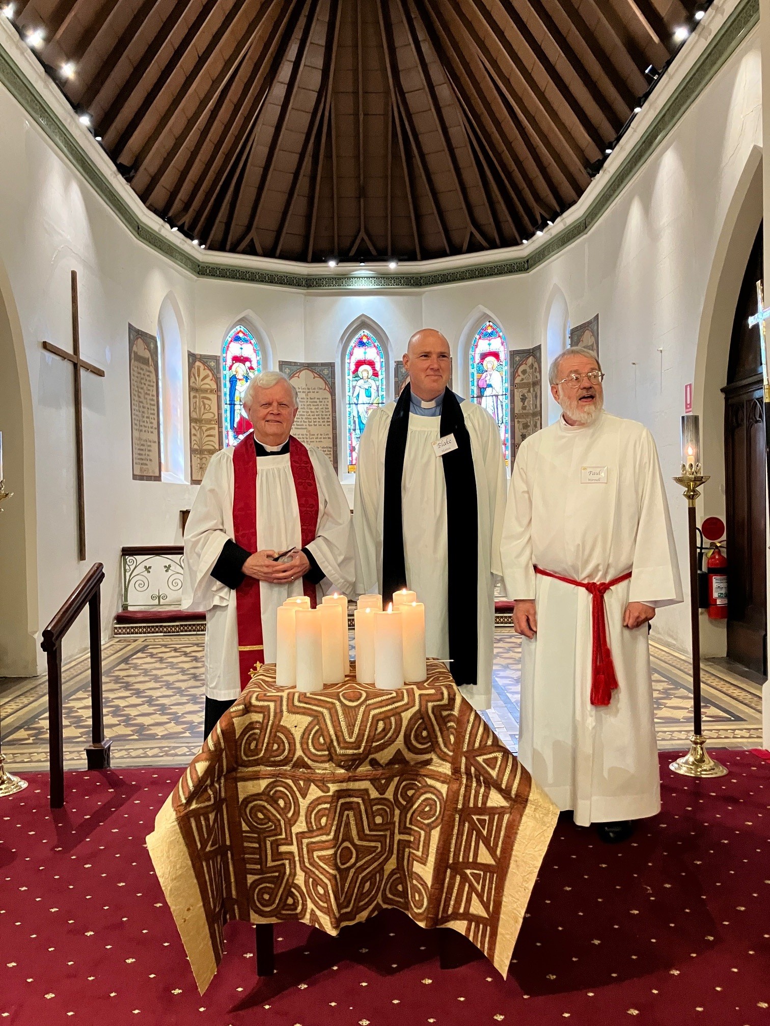 St Luke’s Concord Martyrs Day service: Preacher, The Rev’d Michael Deasey OaM (left), Celebrant the Rev’d Blake Hatton (centre) and Dr Paul Wormell, Deacon & Cantor (right).