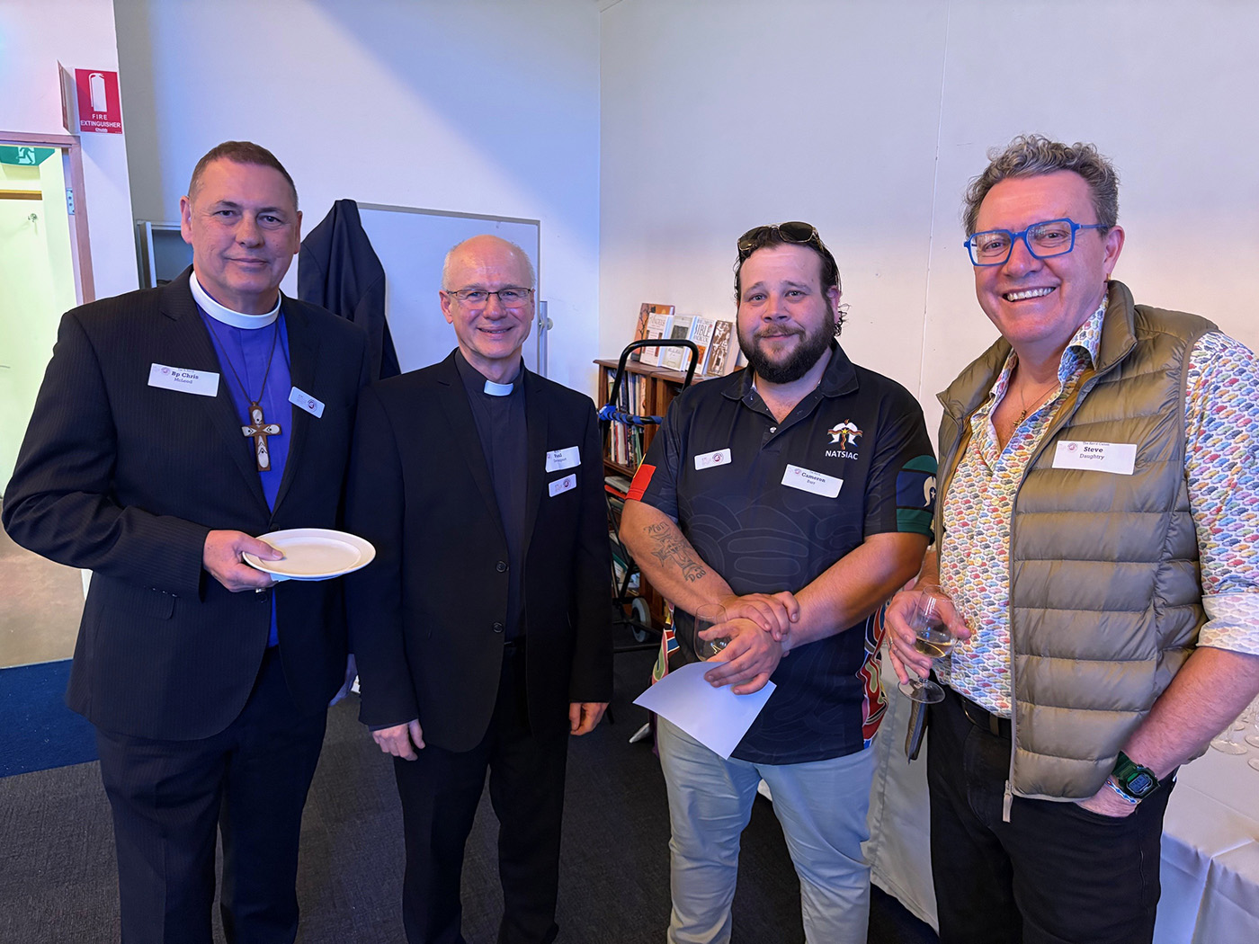 Bishop Chris McLeod (far L, Dean of Adelaide Cathedral and National Aboriginal Bishop) with (L-R) the Rev’d Paul Devenport (Chair of SA Provincial ABM Committee), the Rev’d Cameron Burr (Chair of NATSIAC) and the Rev’d Canon Stephen Daughtry (ABM Education Missioner). © ABM.