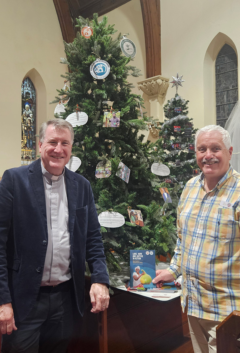 (L-R) Archdeacon Andrew Mintern, Parish Priest and Peter Burke representing the ABM SA Provincial Committee at the launch of the St Peters Glenelg Christmas Tree Festival on Wednesday 3 December 2025