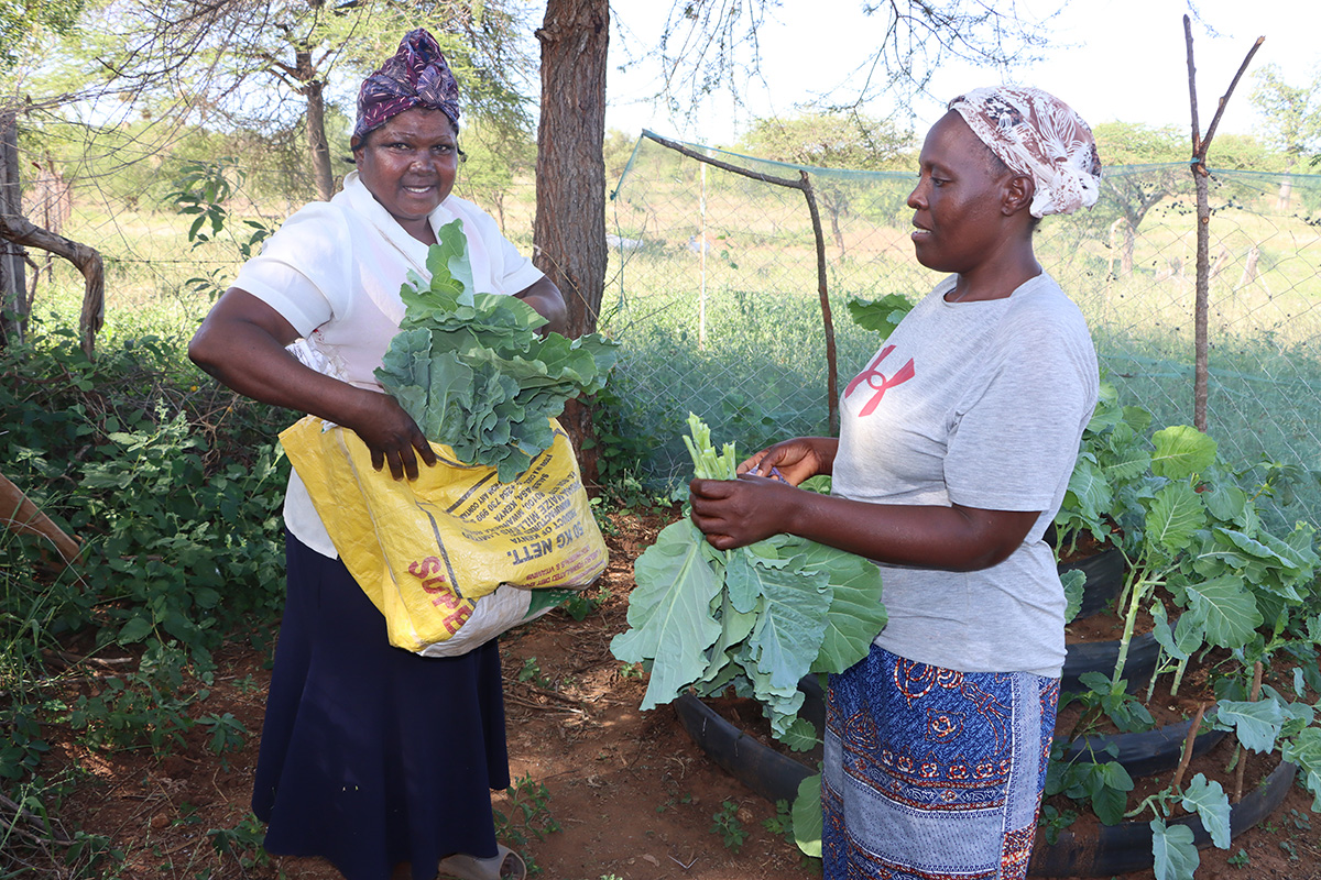 Jacinta Mutua at her vegetable farm and another farmer. © ADSE. Used with permission.