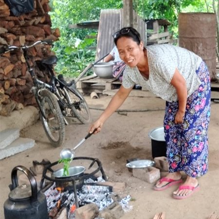 Daw Hoi Kho Lan is happy that her village now has clean, unpolluted water. “The villagers contributed labour. ABM supported us to purchase water pump motors, and complete construction. As a result, there is now an adequate supply of clean water,” she explains. © CPM. Used with permission.