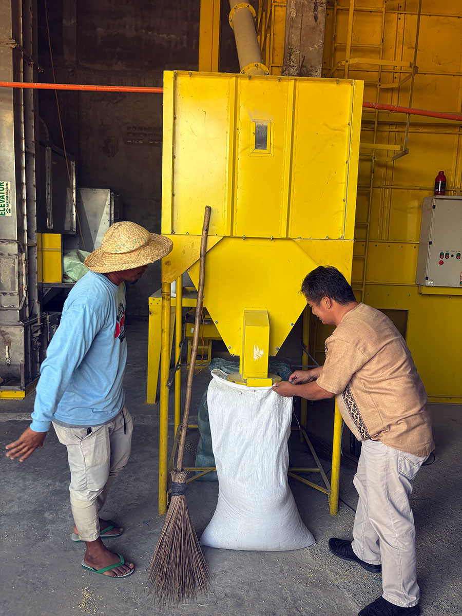 Fr Ralph (R) showing the Coop owned electric palay dryer at work, filling a bag ready for milling and market. Even in the wet season, palay can be prepared for milling and market, ensuring reliable income throughout the year © ABM