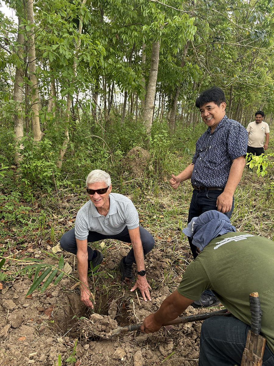 Rod was invited to plant a Giant Bamboo sapling that will become part of a windbreak at a new school. When it is grown it will be trimmed to make scaffolding for new building projects. © ABM