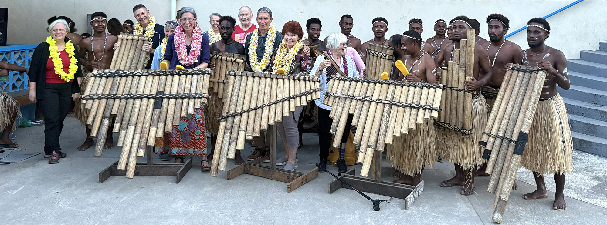 ABM pilgrims enjoyed the lively music of the Kolomosu Youth playing their bamboo instruments © ABM/Meagan Schwarz